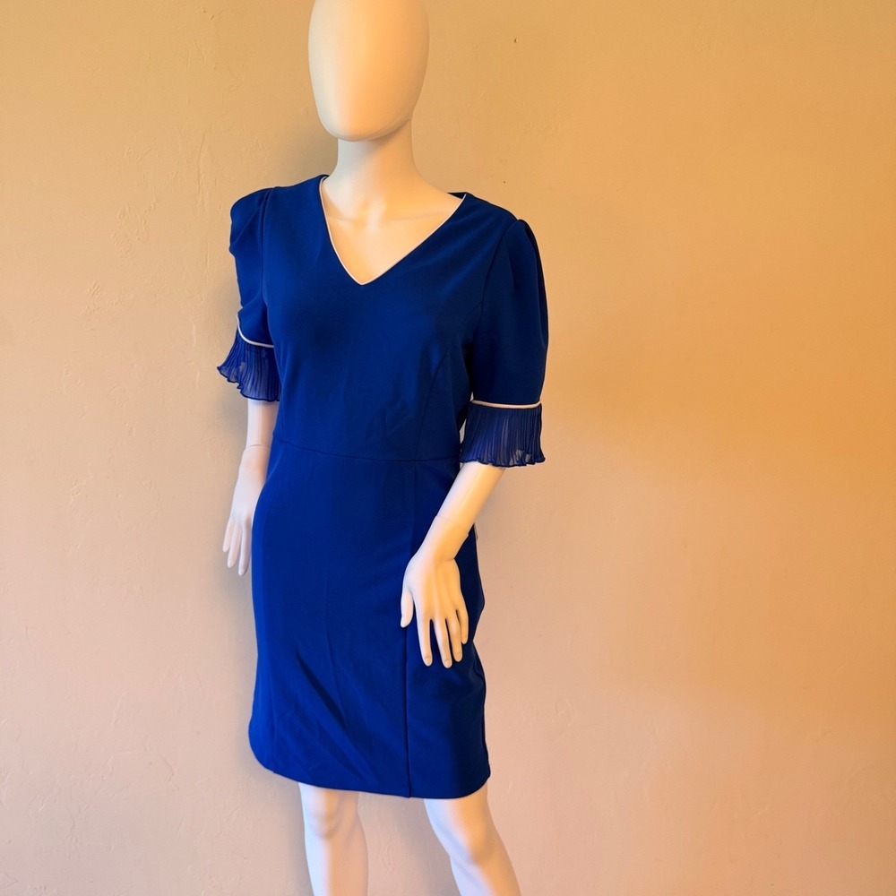 NWT Glamour New York Blue V-Neck Sheath Dress with Pleated Ruffle Sleeves Size 8